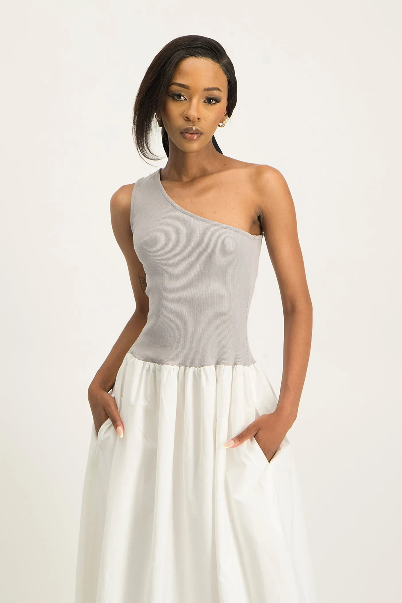 Alessia Contrast One Shoulder Asymmetric Dress
