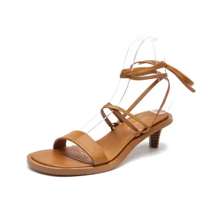 BeauToday Leather Strappy Ankle Wrap Sandals with Kitten Heels for Women