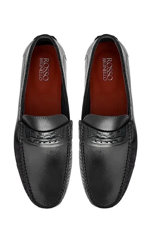 Black Leather Moccasins With Panel On Top