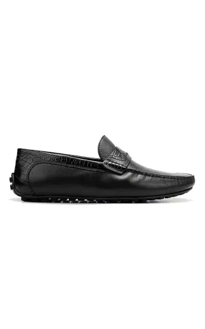 Black Leather Moccasins With Panel On Top