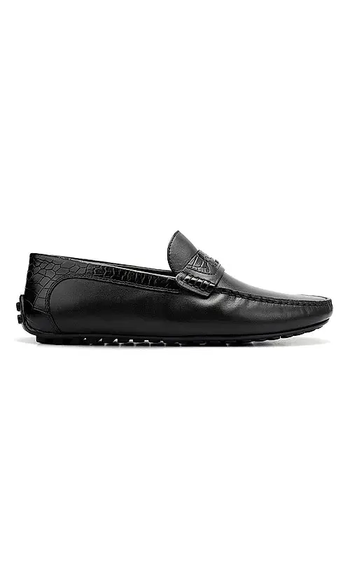 Black Leather Moccasins With Panel On Top