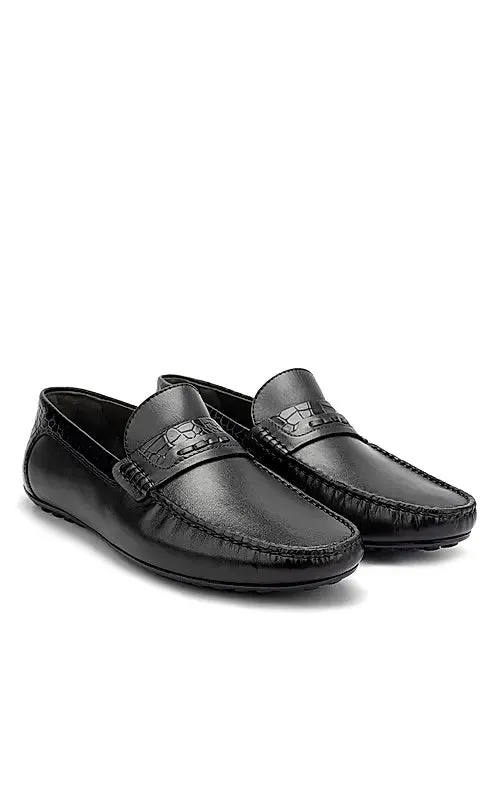Black Leather Moccasins With Panel On Top
