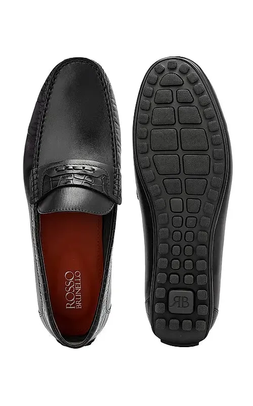 Black Leather Moccasins With Panel On Top