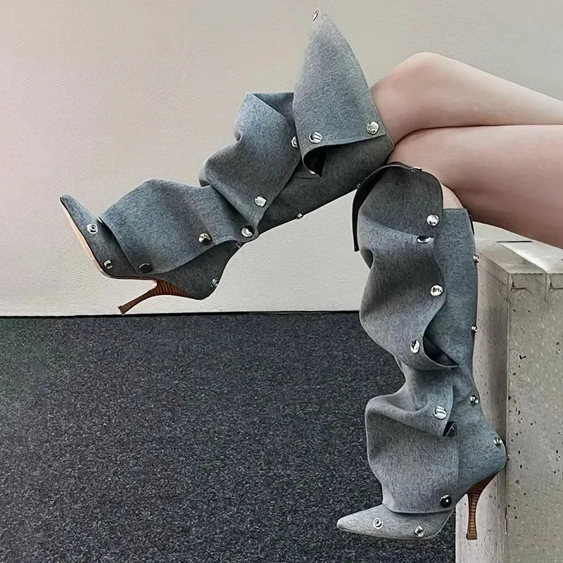 Buttoned Knee-High Heels Denim Long Boots