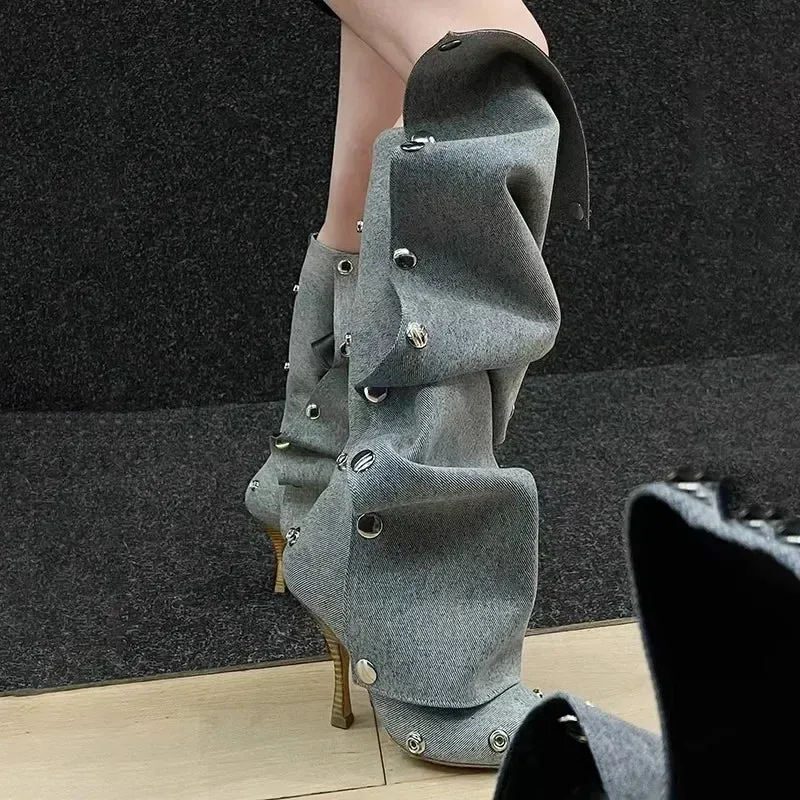 Buttoned Knee-High Heels Denim Long Boots