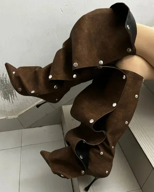 Buttoned Knee-High Heels Denim Long Boots