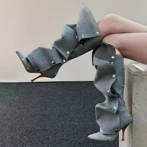 Buttoned Knee-High Heels Denim Long Boots