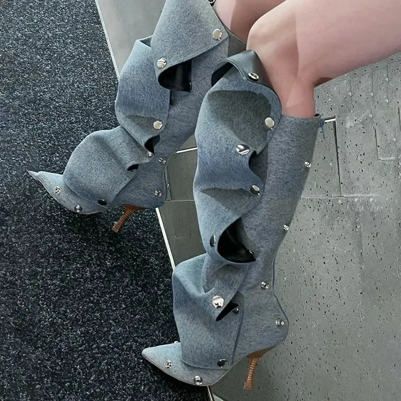 Buttoned Knee-High Heels Denim Long Boots