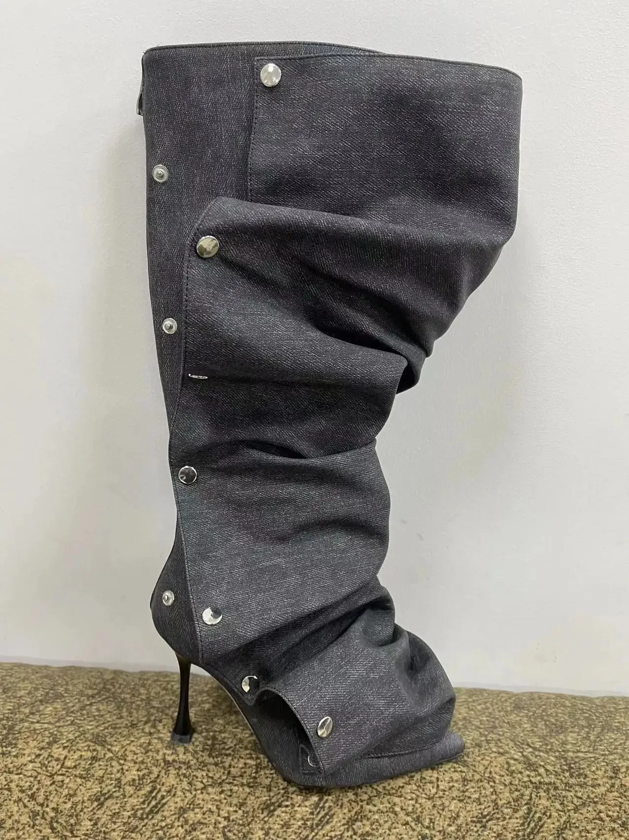 Buttoned Knee-High Heels Denim Long Boots