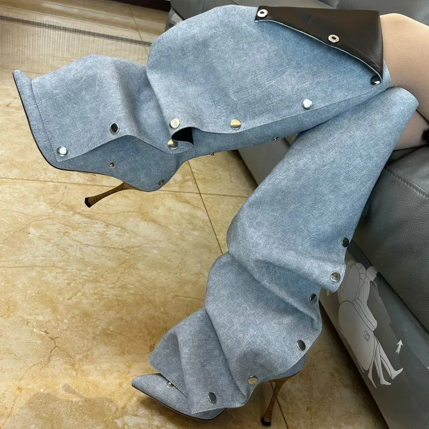 Buttoned Knee-High Heels Denim Long Boots