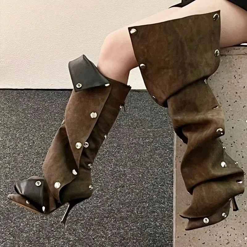 Buttoned Knee-High Heels Denim Long Boots