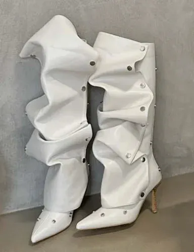 Buttoned Knee-High Heels Denim Long Boots