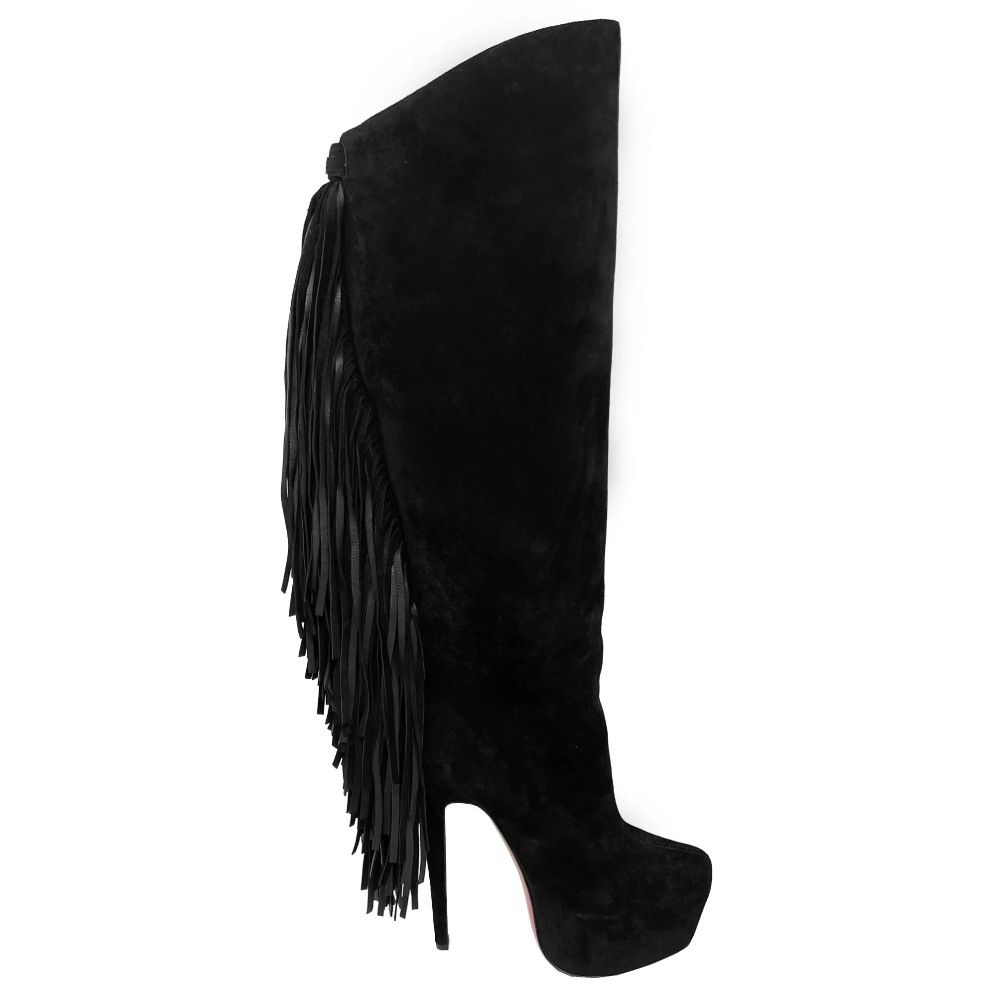 Christian Louboutin Interlopa 160 Black Suede Fringe Platform Knee High Boots Size EU 37