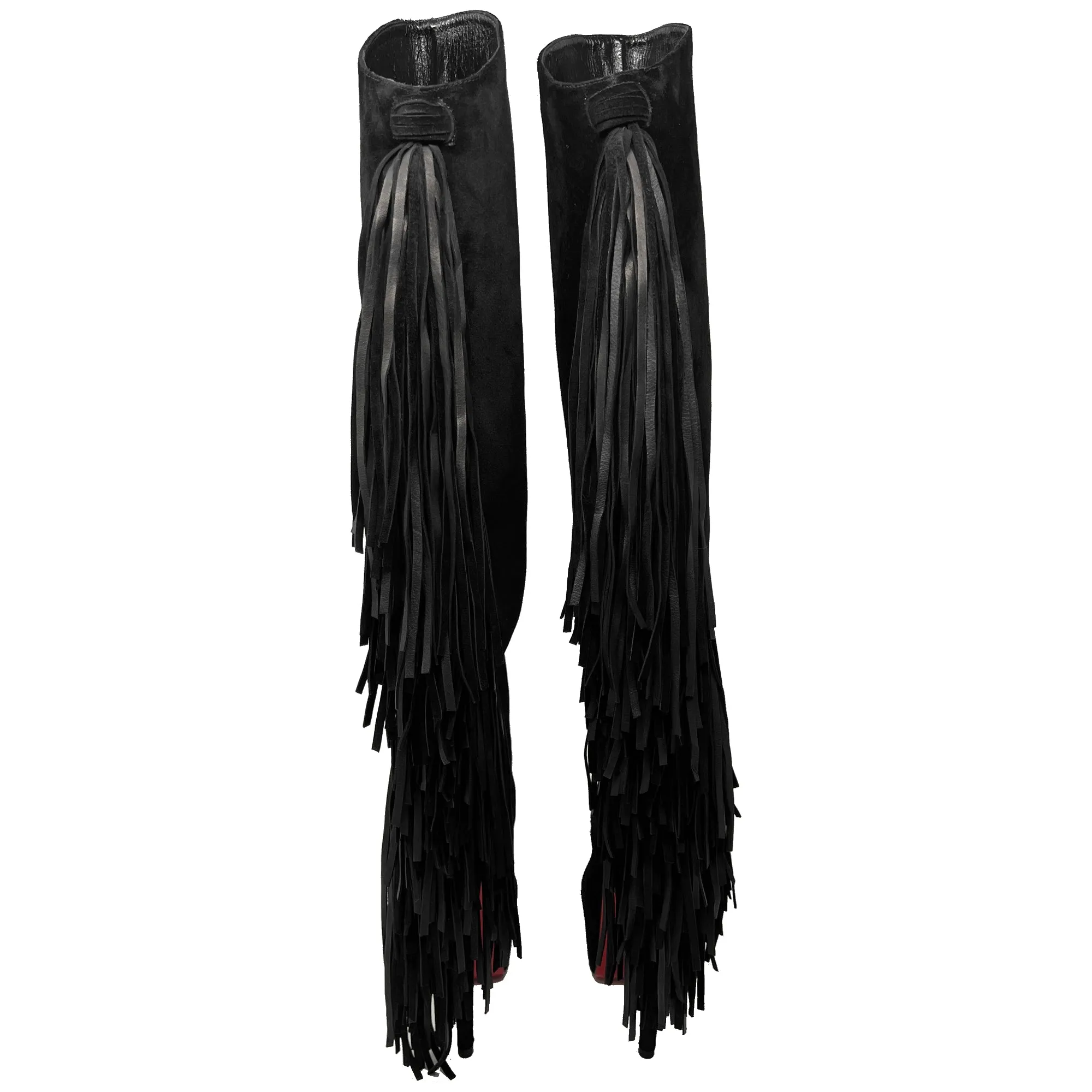 Christian Louboutin Interlopa 160 Black Suede Fringe Platform Knee High Boots Size EU 37