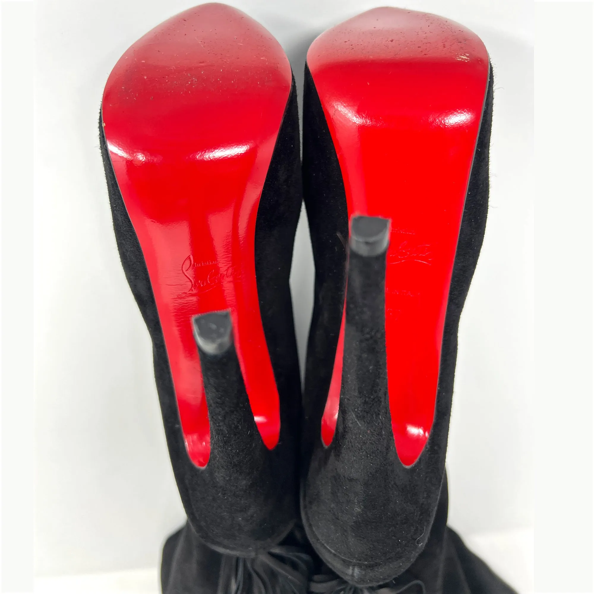 Christian Louboutin Interlopa 160 Black Suede Fringe Platform Knee High Boots Size EU 37