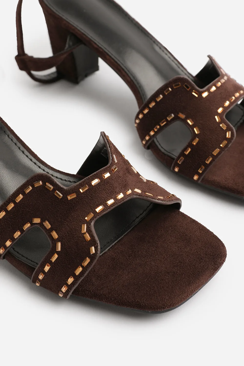 CORA WIDE FIT LOW BLOCK HEEL WITH CUT OUT DETAILING AND DIAMANTES IN DARK BROWN SUEDE