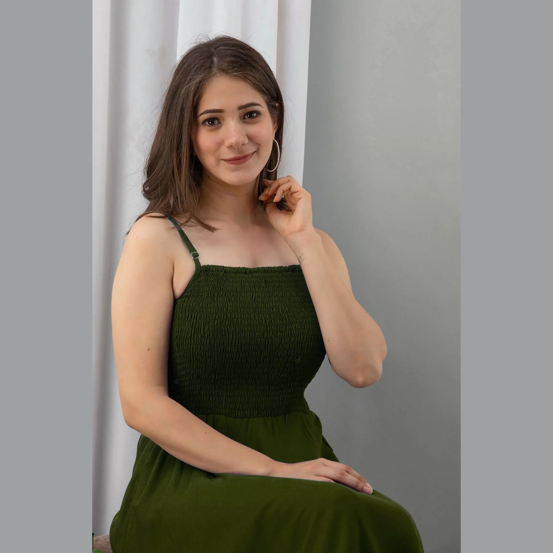 Dark Green Shirred Gown Dress