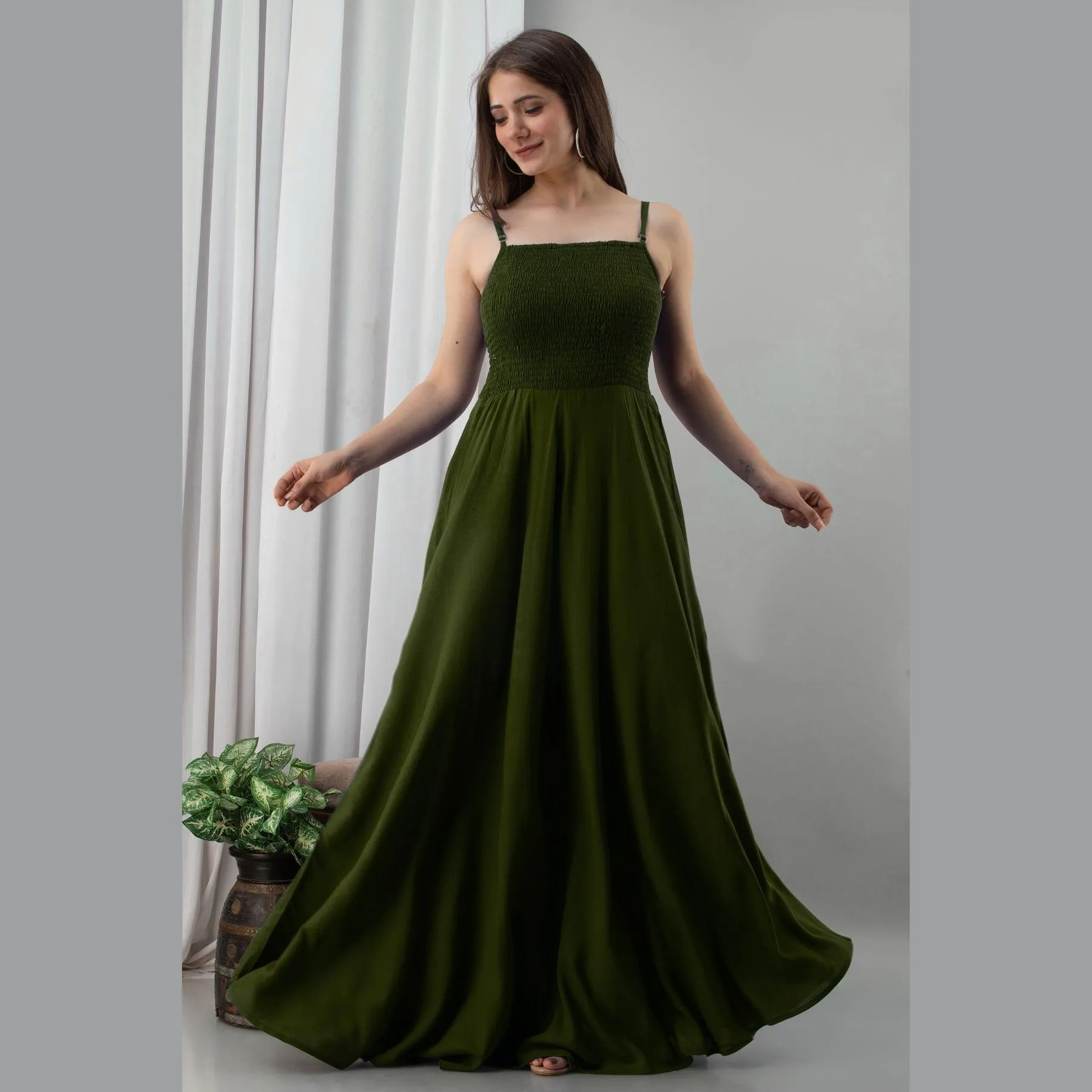 Dark Green Shirred Gown Dress