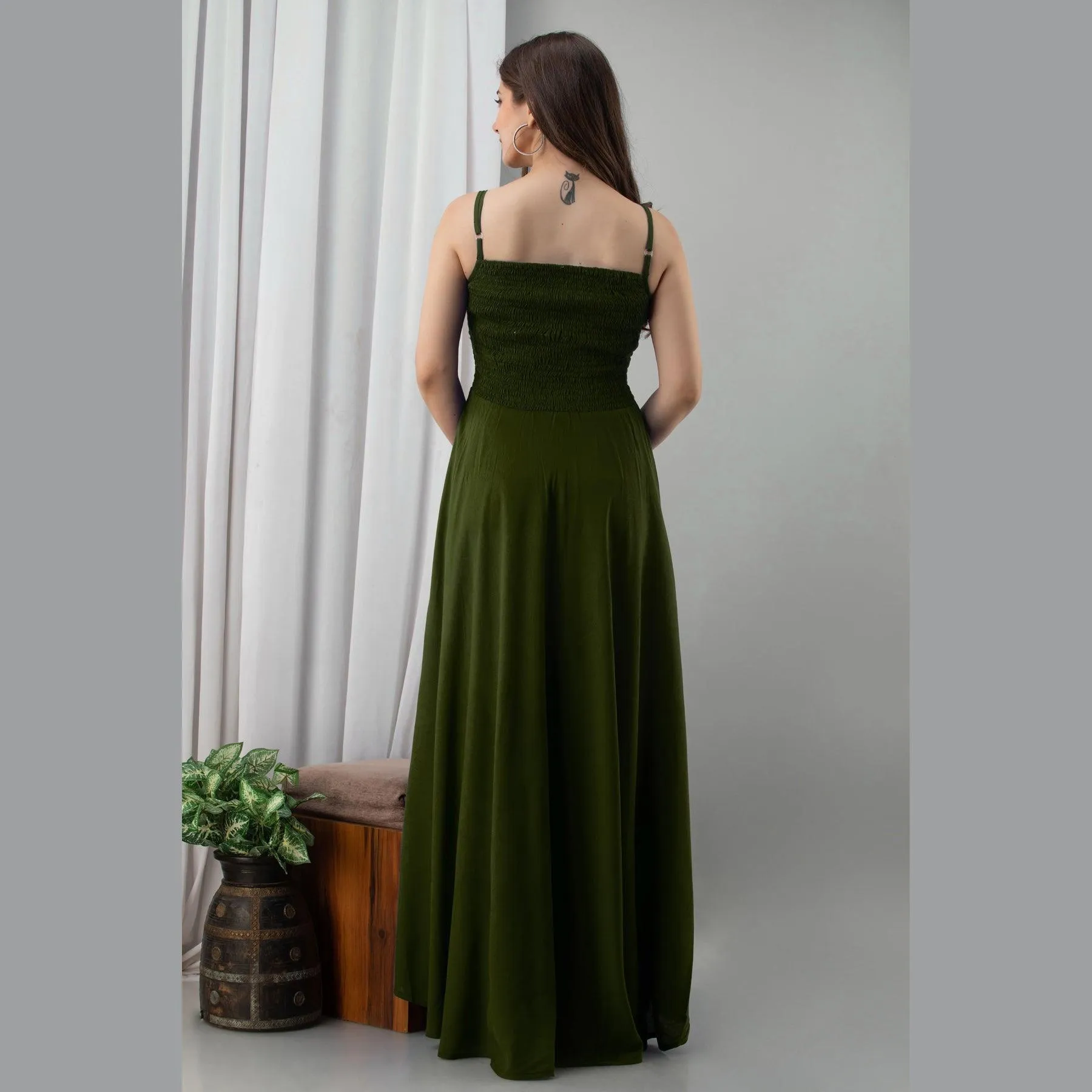 Dark Green Shirred Gown Dress