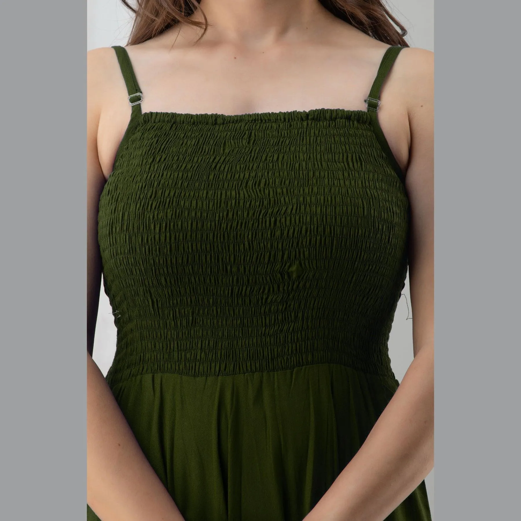 Dark Green Shirred Gown Dress
