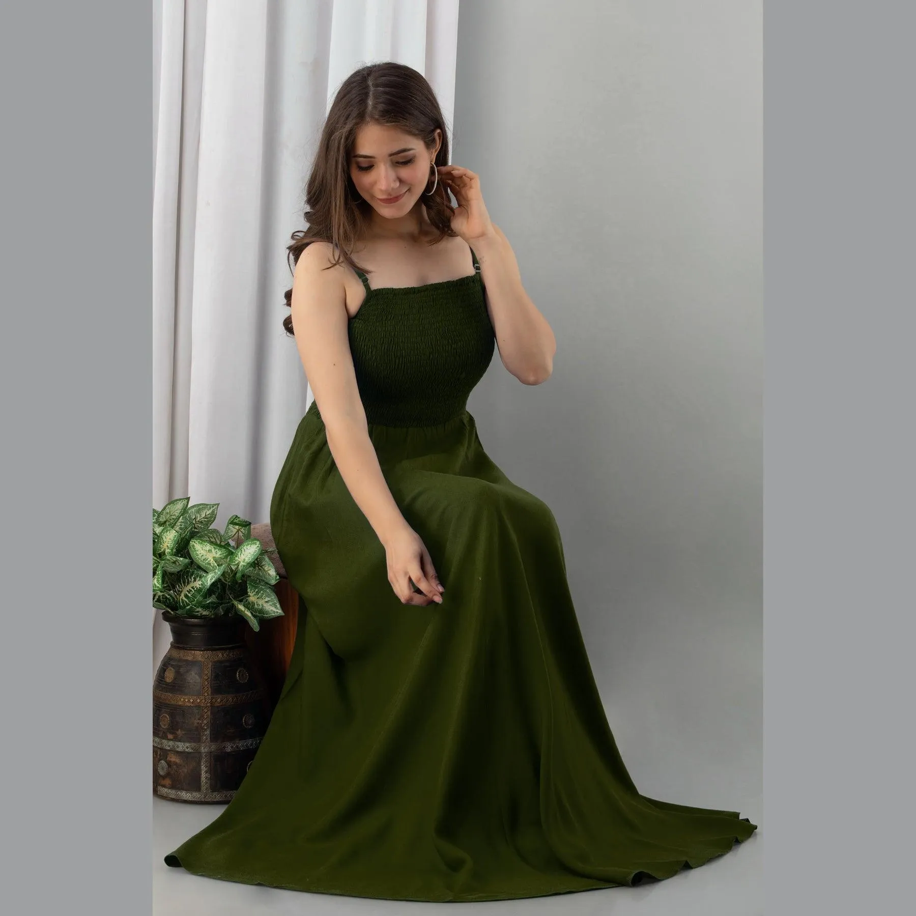 Dark Green Shirred Gown Dress