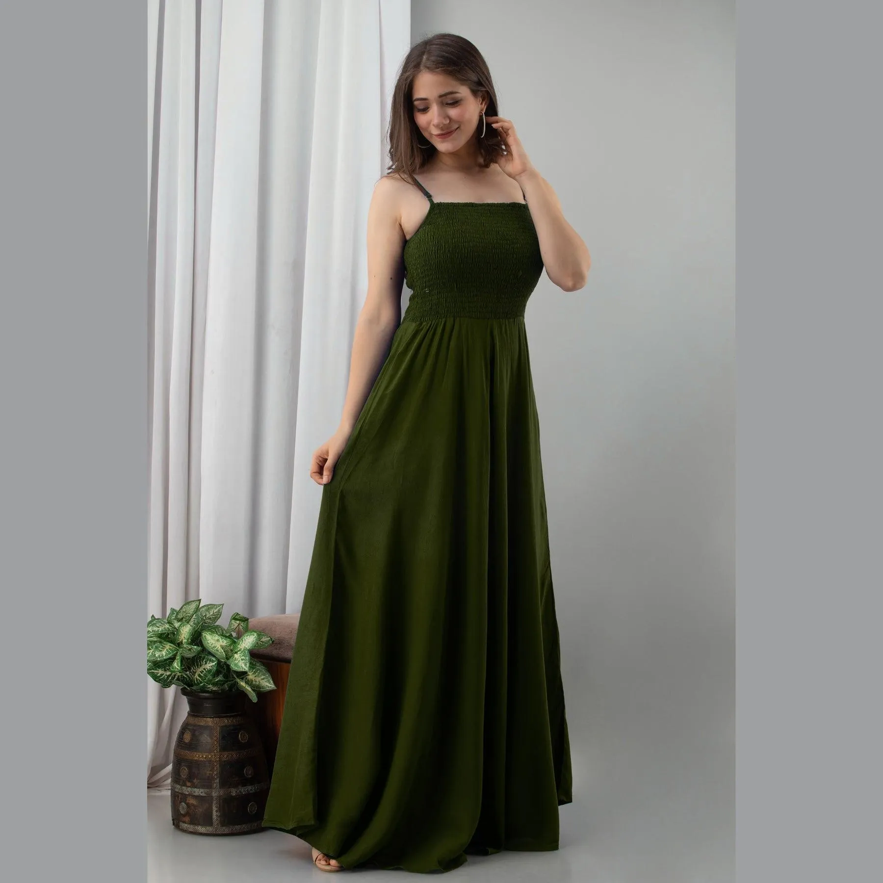 Dark Green Shirred Gown Dress