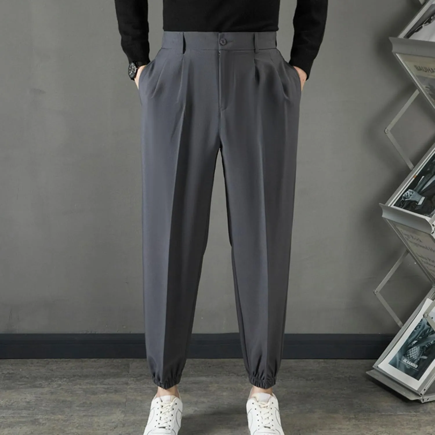Mens Pants Casual Stylish Elastic Waist Flat Front Dress Suit Pant Loose Lightweight Cinch Bottom Trouser with Pocket