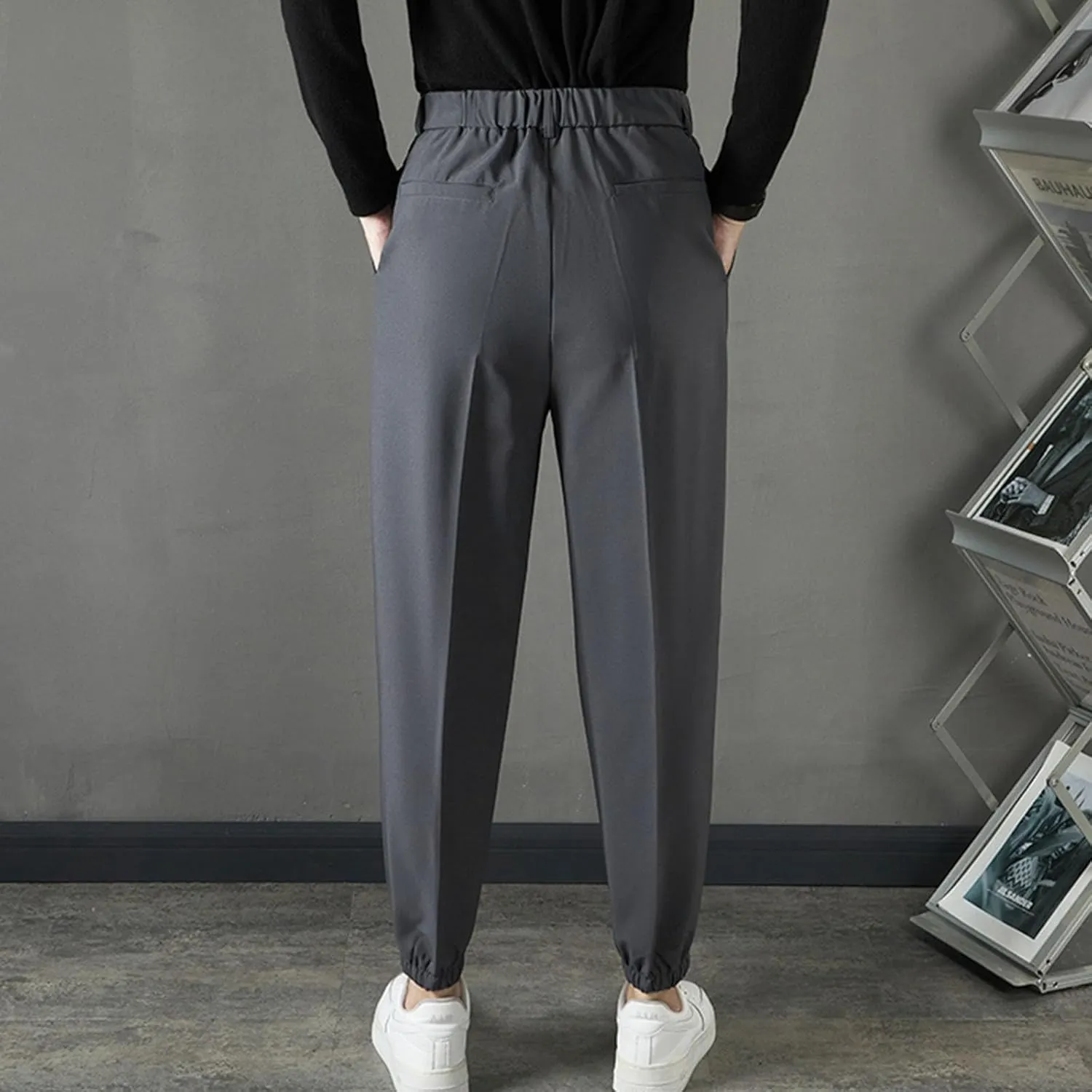 Mens Pants Casual Stylish Elastic Waist Flat Front Dress Suit Pant Loose Lightweight Cinch Bottom Trouser with Pocket