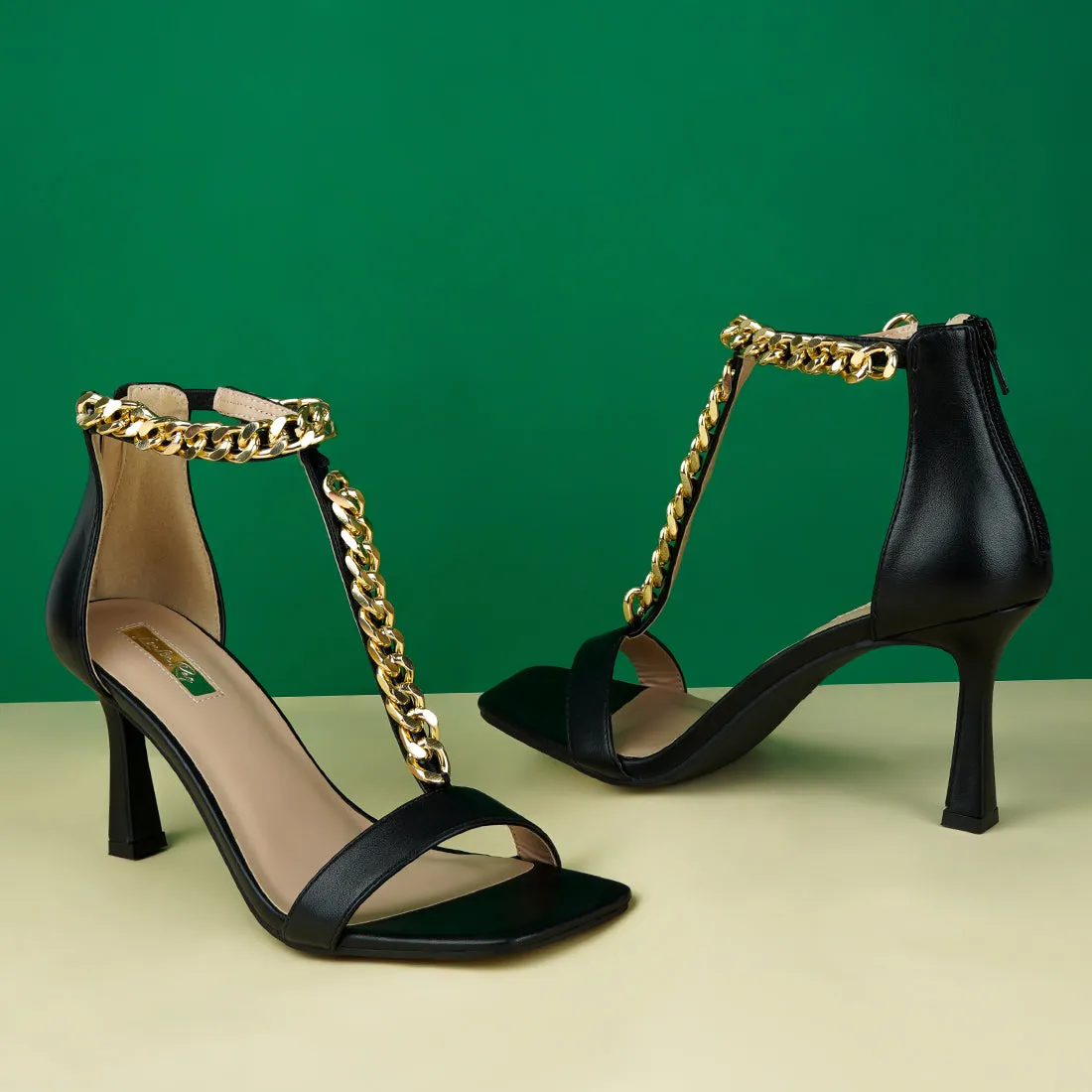 Mid Heel Chain Detail T Strap Sandal