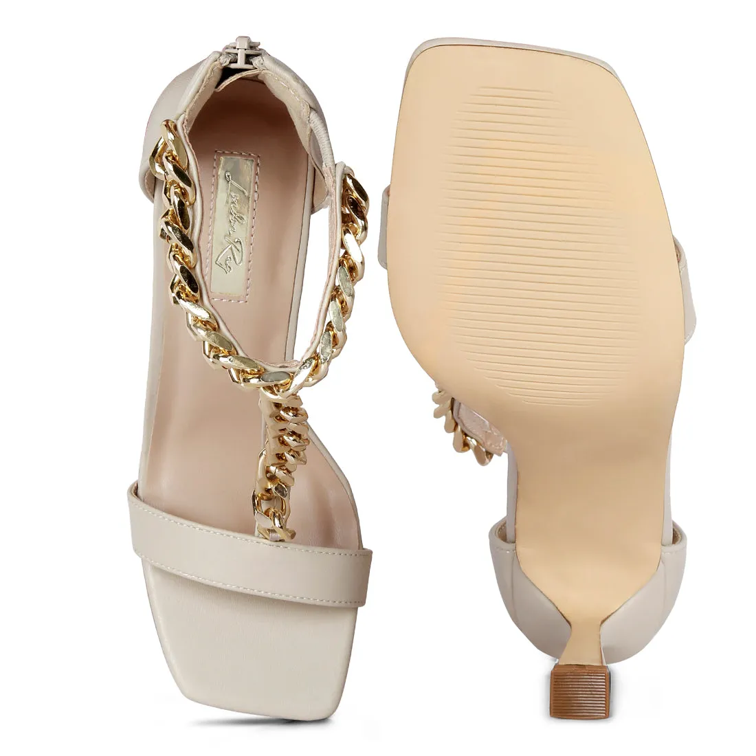 Mid Heel Chain Detail T Strap Sandal
