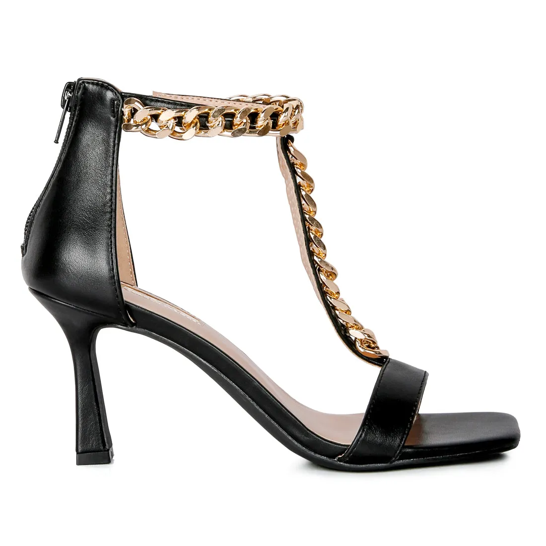 Mid Heel Chain Detail T Strap Sandal