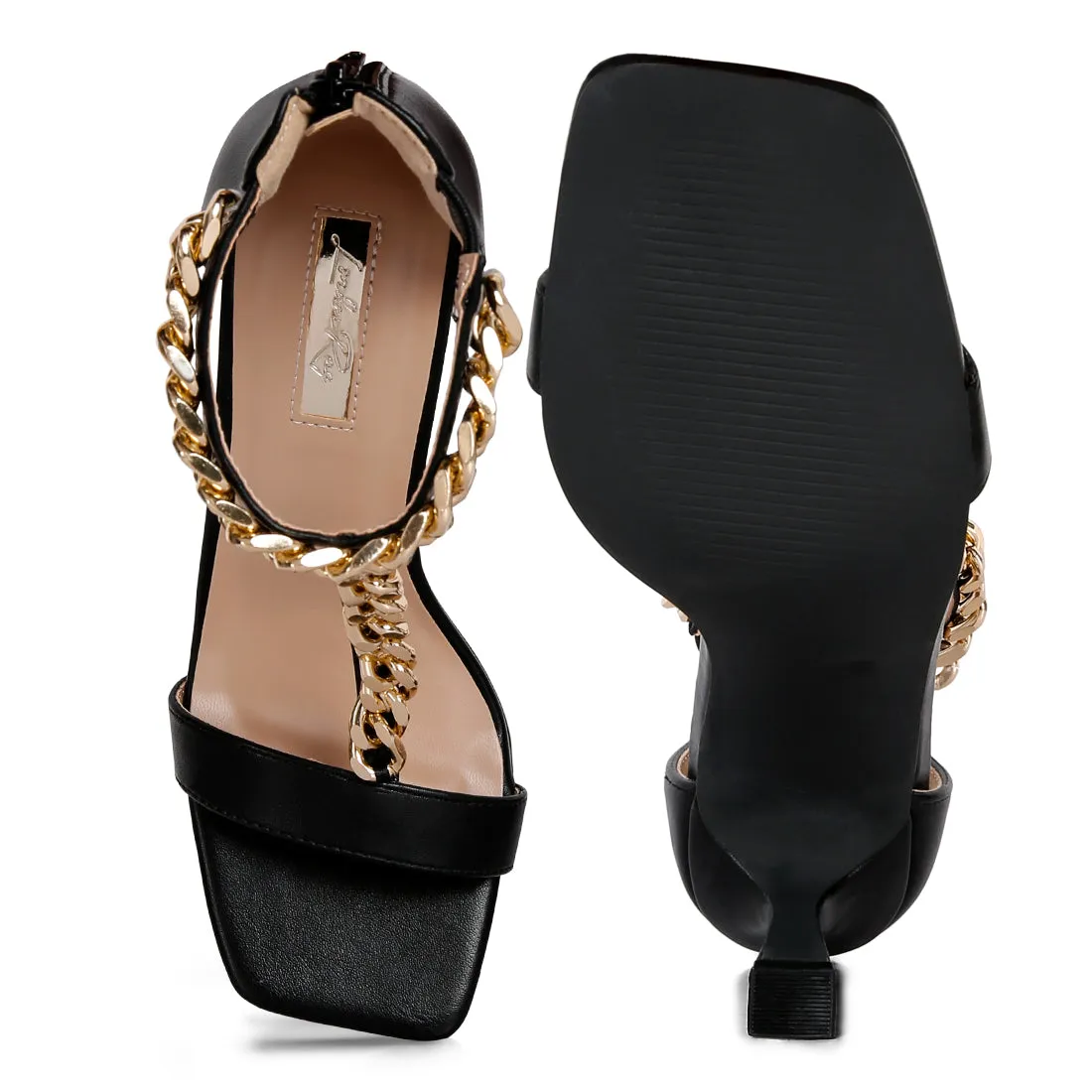 Mid Heel Chain Detail T Strap Sandal