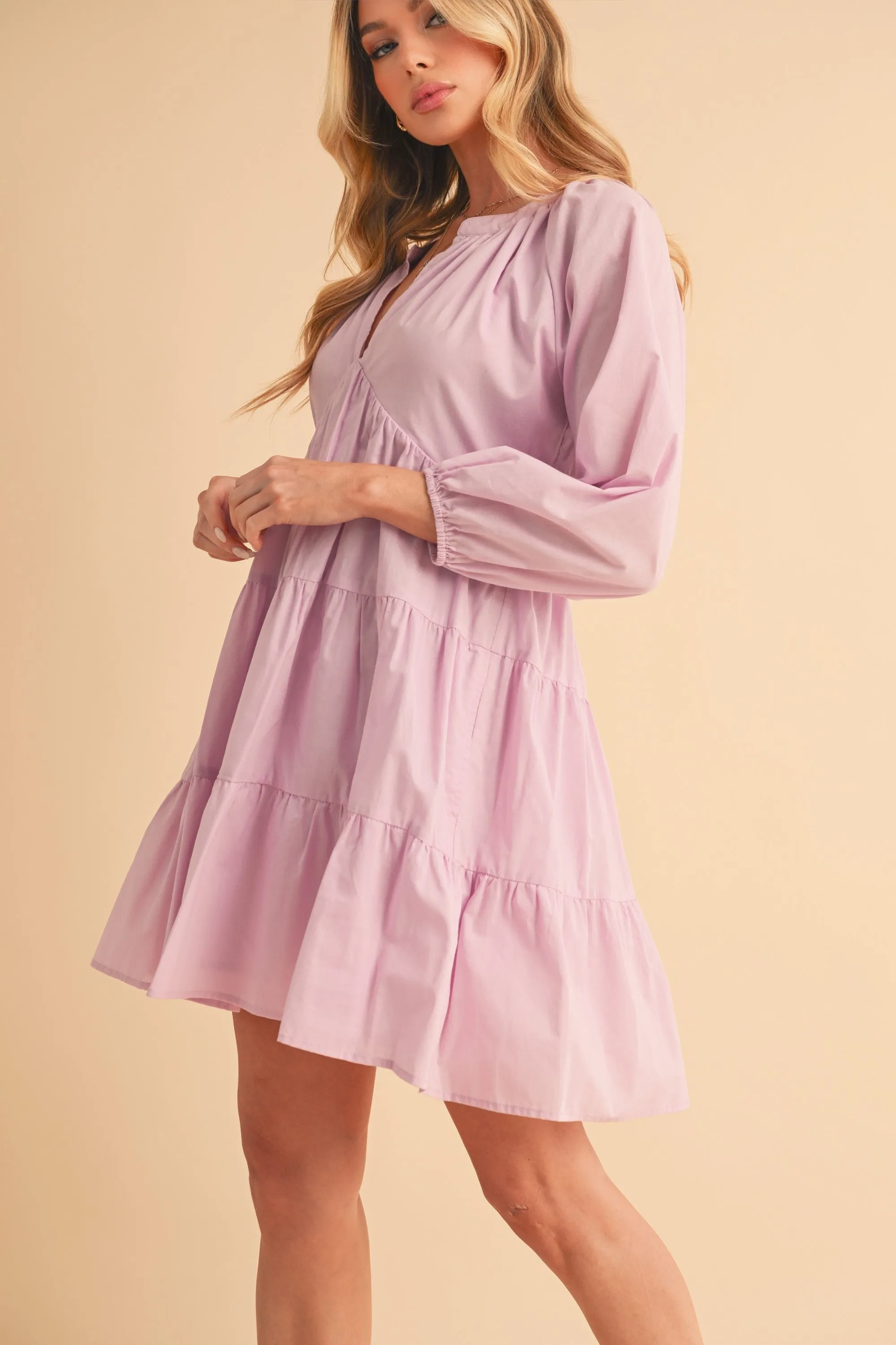 Notched Balloon Sleeve Tiered Mini Dress