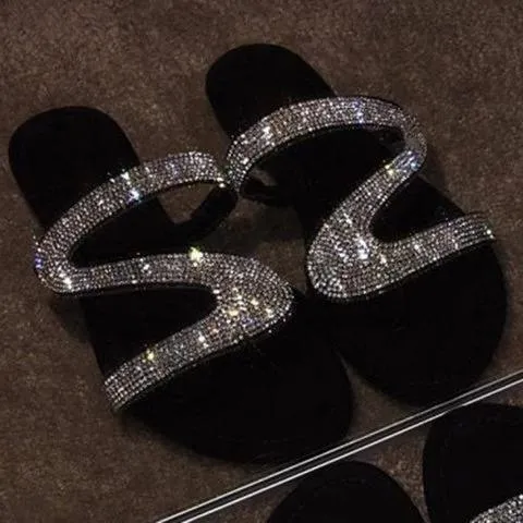 Silver slide sandals shiny rhinestone sandals for women