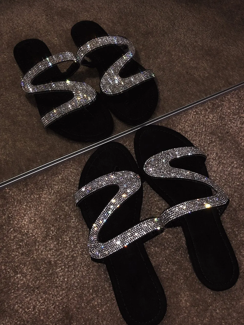 Silver slide sandals shiny rhinestone sandals for women