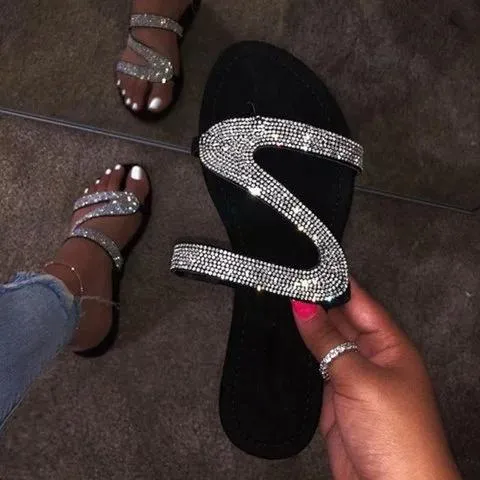 Silver slide sandals shiny rhinestone sandals for women