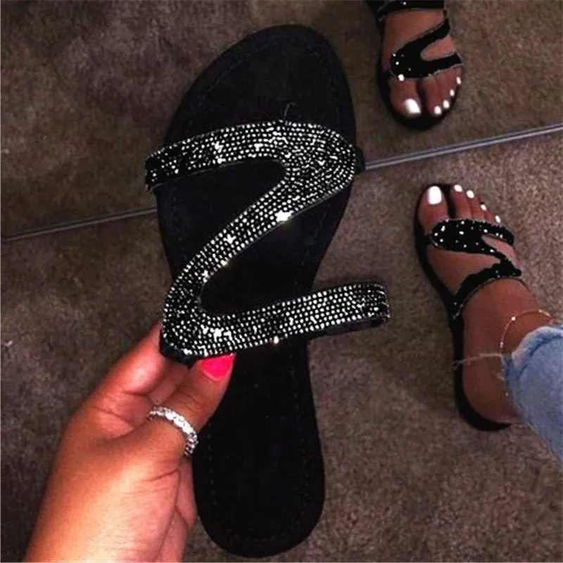 Silver slide sandals shiny rhinestone sandals for women