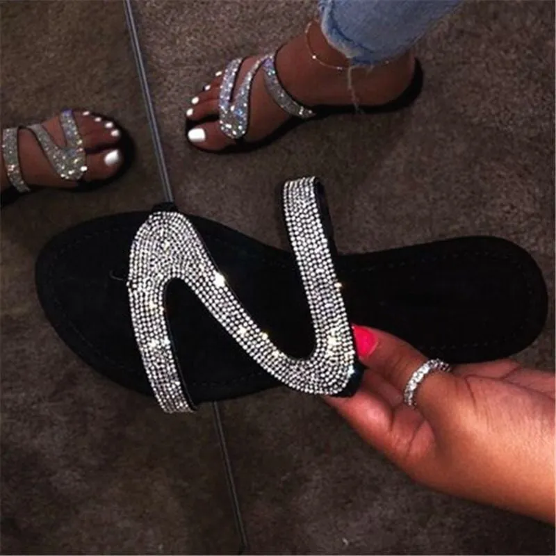 Silver slide sandals shiny rhinestone sandals for women