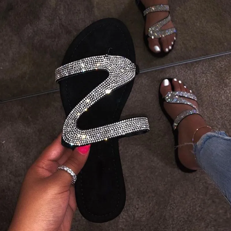 Silver slide sandals shiny rhinestone sandals for women