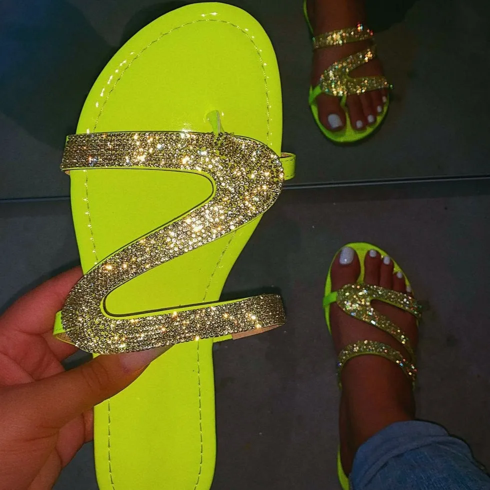 Silver slide sandals shiny rhinestone sandals for women