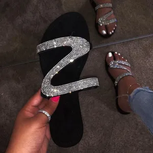 Silver slide sandals shiny rhinestone sandals for women
