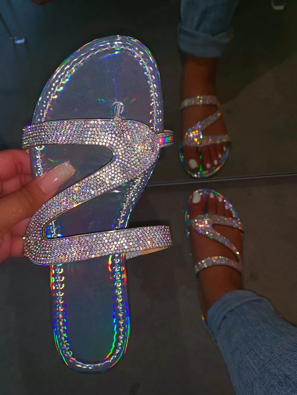 Silver slide sandals shiny rhinestone sandals for women