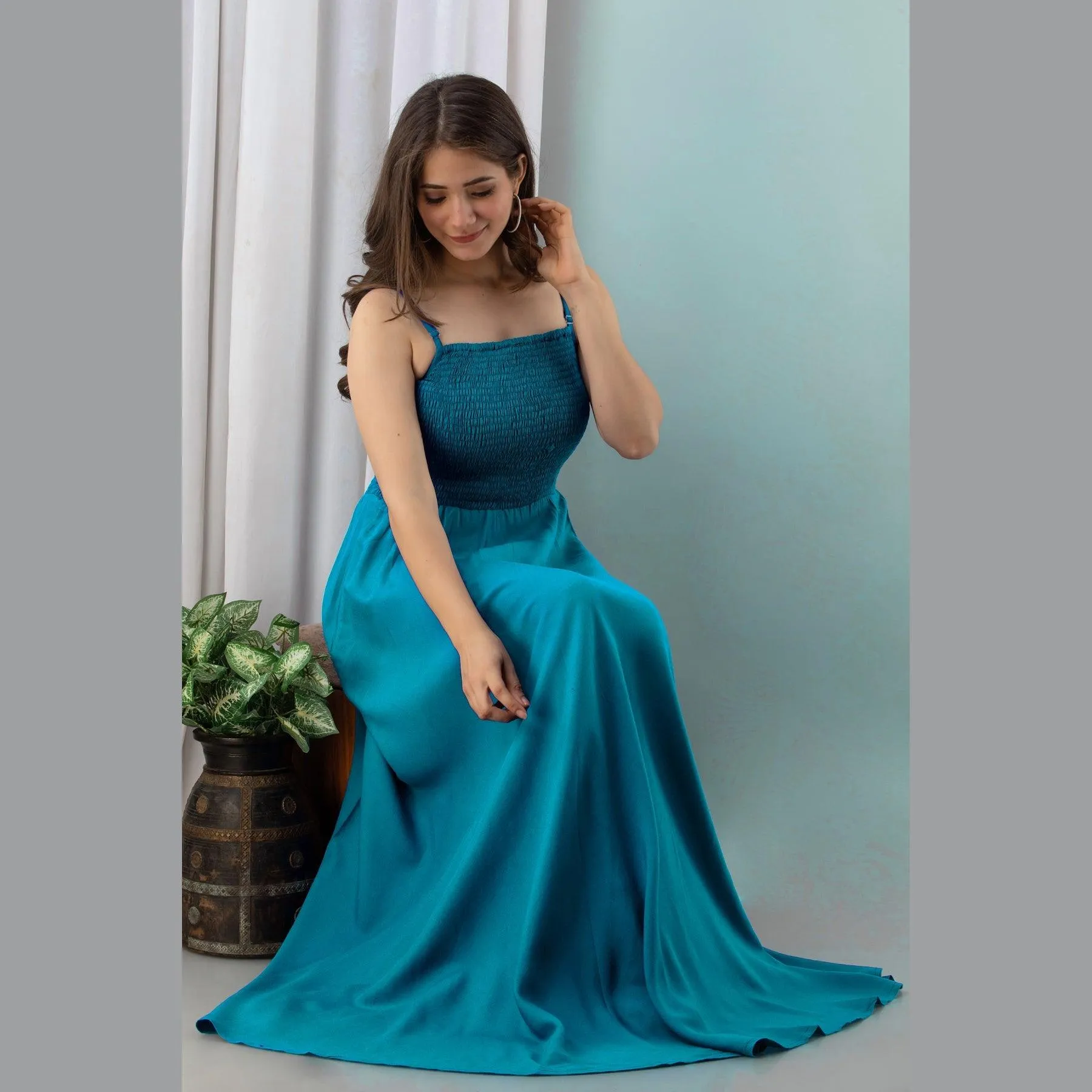 Sky Blue Shirred Gown Dress