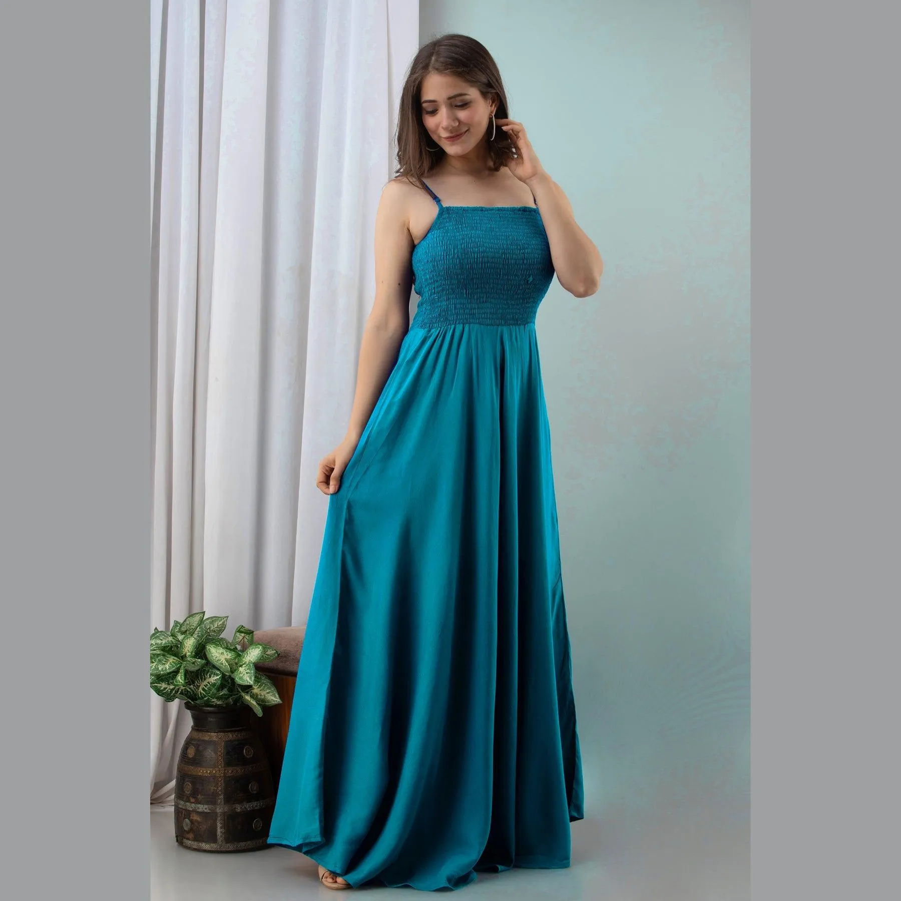 Sky Blue Shirred Gown Dress