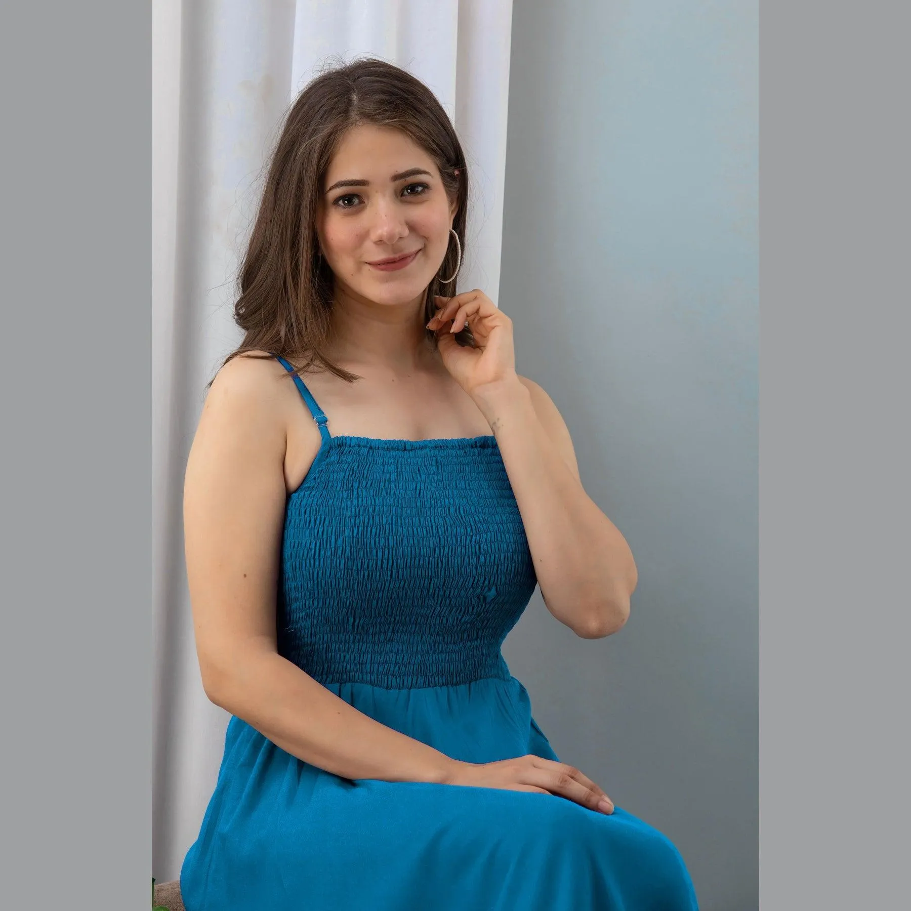 Sky Blue Shirred Gown Dress