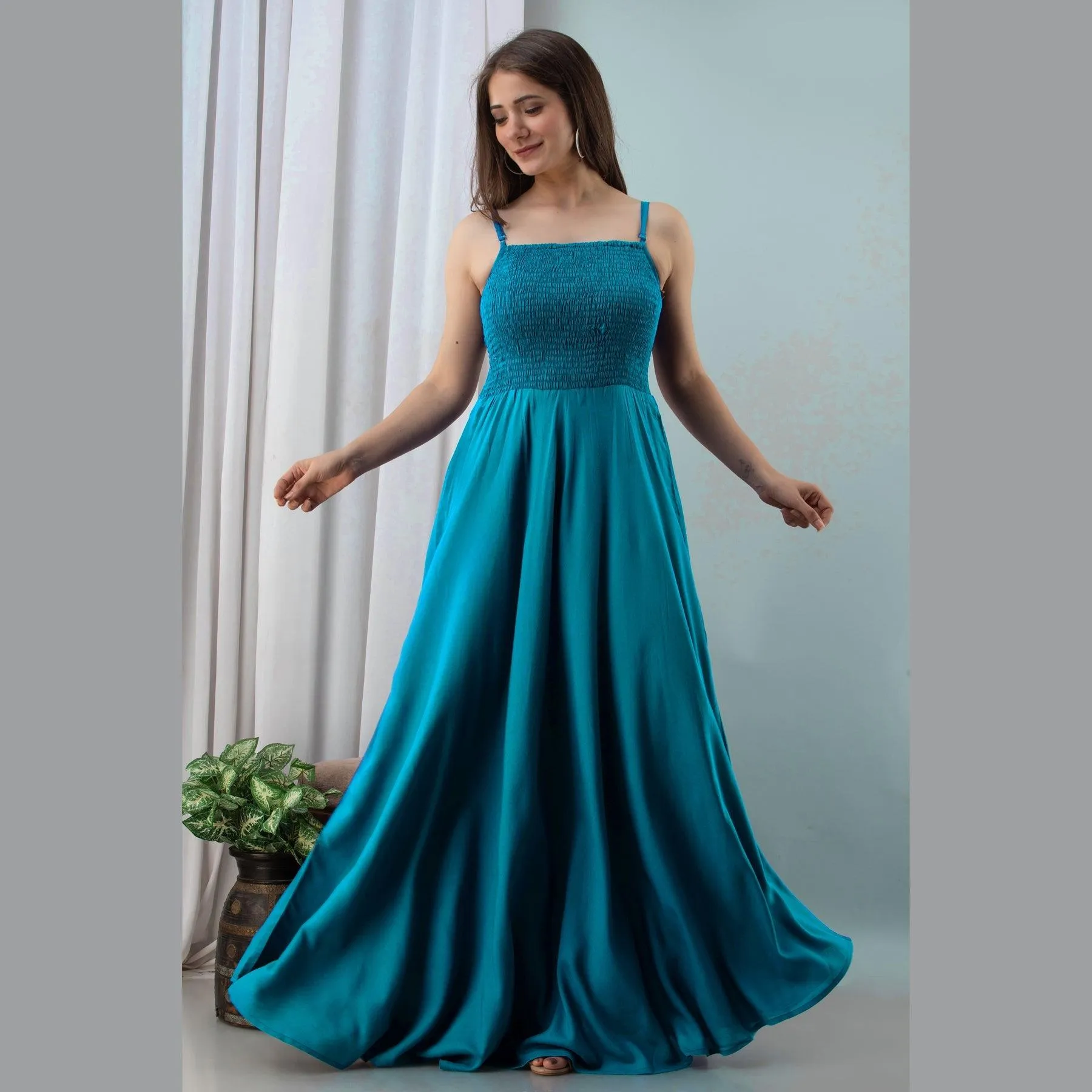 Sky Blue Shirred Gown Dress